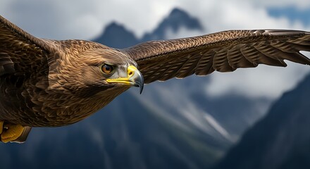 Close-up side profile of a Golden Eagle flying with wings spread against a blurred mountain background.