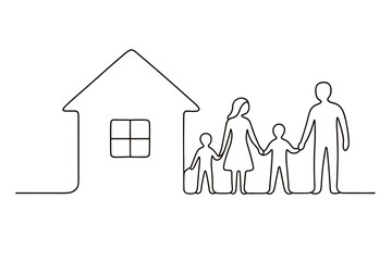 Simple line art of a family holding hands in front of a house