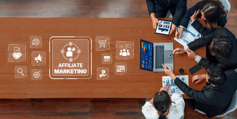 Professionals work together in a modern office, discussing affiliate marketing strategies with digital tools and data visualization to enhance business growth. Trope