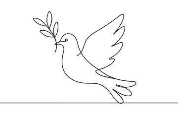 Minimalist single line drawing of a dove carrying an olive branch, symbolizing peace and hope