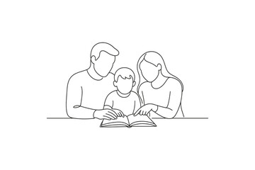 Family reading a book together, a simple line art illustration of togetherness and learning