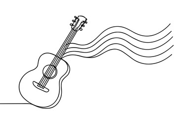 Obraz premium Minimalist acoustic guitar with flowing musical notes in a continuous line drawing style