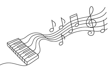 Simple line art illustration of a piano keyboard with musical notes flowing out