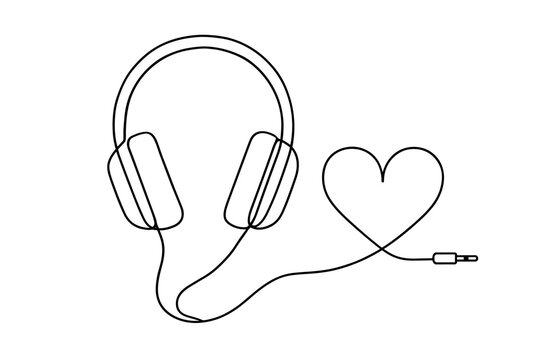 Minimalist line art of headphones with a heart-shaped cord and audio jack