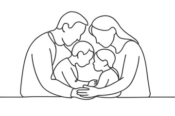 Loving family of four embracing with heads together in a warm hug