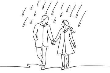 Obraz premium Couple holding hands walking in the rain, minimalist line art illustration