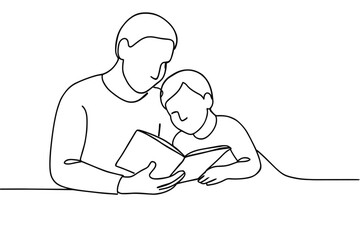 Father and son reading a book together in a simple line art style