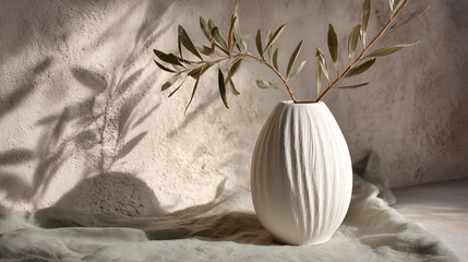 Light beige ceramic vase with vertical grooves, holding a minimalist olive branch; soft sunlight casts natural shadows on textured wall.