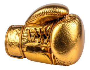 Gleaming golden boxing glove, laced up and rendered against a dark, transparent backdrop