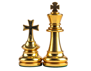 Close-up studio shot of two golden chess pieces, a knight and a king, against a solid black backdrop