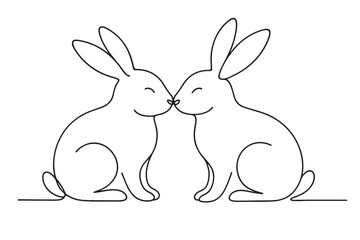 Obraz premium Minimalist line art of two rabbits touching noses with closed eyes and smiles