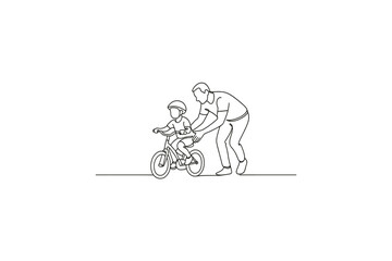 Obraz premium Father teaching child to ride a bicycle, simple line art illustration
