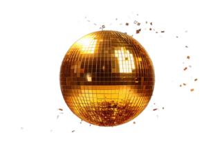 A gleaming gold disco ball, set against a black background, reflects light outwards in a splash