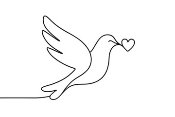 Obraz premium Minimalist line art of a dove carrying a heart in its beak, symbolizing love and peace