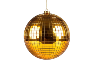 A hanging gold sphere made of tiny mirrored squares reflects light, perfect for parties