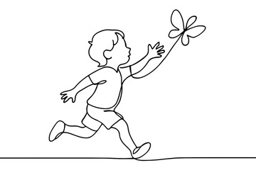 Fototapeta premium Child chasing a butterfly in a continuous line drawing, symbolizing childhood joy and freedom
