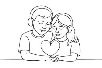 Young couple sharing headphones and a heart symbol, enjoying music together