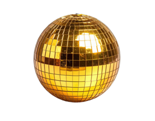 Isolated golden spherical object with mirrored, square facets reflecting light. Perfect for themed events
