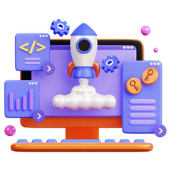 3D Tech Startup Illustration with Rocket Launching from Monitor and Coding Icons