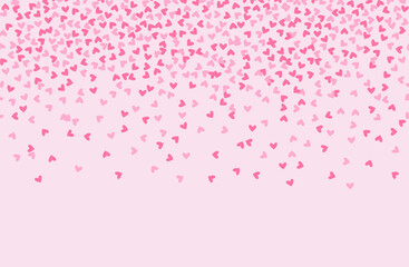 Pink seamless border of random falling hearts confetti. Overlay design element for festive banner, greeting card, postcard, wedding invitation, Valentines day and save the date card. Vector