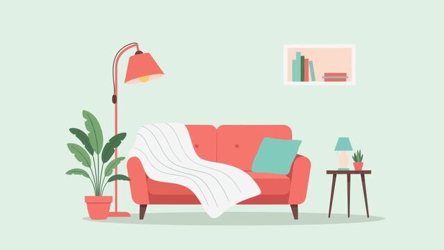 Red Sofa with Pillows and Blanket.