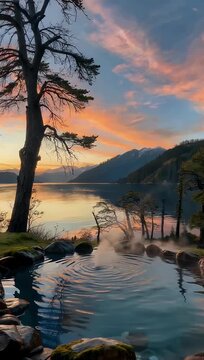 tranquil 4K Chilean landscape video capturing serene ambiance of hot tub tinaja caliente situated against backdrop of dramatically colorful sunset over Lake Caburgua near Puc&oacute;n