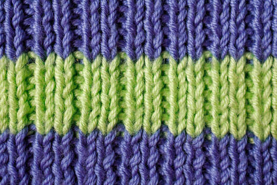Macro detail of wool yarn knitting with rib 2x1 structure showing relaxing handmade craft