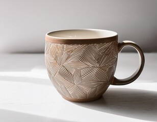 stylish coffee mug with geometric pattern on white background minimalism