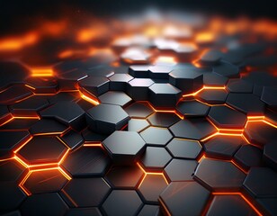 glowing orange lines illuminate dark grey hexagonal shapes