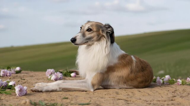 Elegant persian greyhound resting on green hill with wildflowers