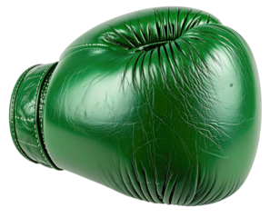 Close-up of a glossy, emerald green boxing glove, isolated against a transparent background