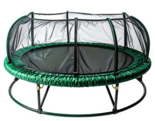 A green trampoline with a safety net, set against a white background. It's a fun outdoor toy