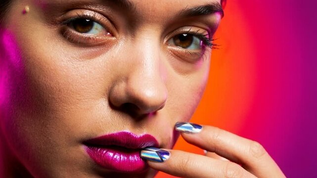 Stunning woman posing in a studio with vibrant fuchsia lipstick and futuristic chrome manicure, slowly revealing her face to the camera with a sensual and mysterious expression