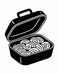 A simple black and white illustration features an open lunchbox containing neatly arranged food items