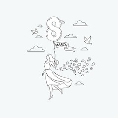 Obraz premium Woman holding number eight balloon with March banner International Women’s Day celebration vector illustration 