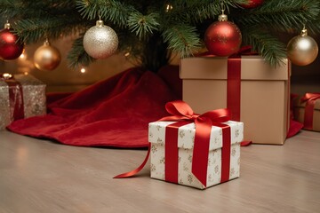 Festive presents adorn the space under the christmas tree creating a warm and inviting atmosphere