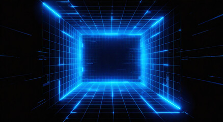 Futuristic blue grid tunnel with neon lights in dark space
