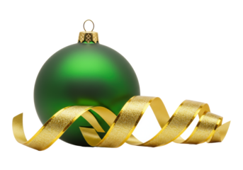 Single matte green spherical Christmas ornament with shimmering gold cap, loop, and intricate wavy gold ribbon, isolated against transparent background with copy space, concept of sophisticated