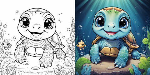 Cute baby sea turtle watercolor illustration and black and white line art coloring page. Underwater nature scene with bubbles and seaweed for kids' activities.