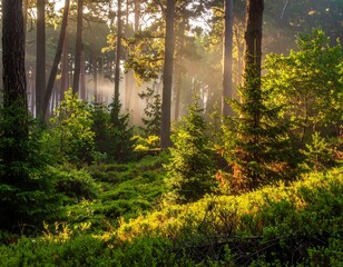Sun rays stream through a dense forest, illuminating trees and greenery