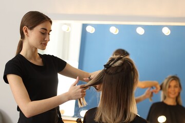 Hairdresser cutting woman's hair near mirror in beauty salon