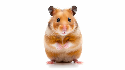 Adorable golden hamster standing isolated on white background, showcasing its cute features and fluffy fur, perfect for pet lovers