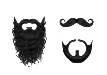 A long, wavy artificial black beard, elegant handlebar mustache, and pointed goatee isolated on a pristine transparent background with copy space. Concept for costume accessory product display
