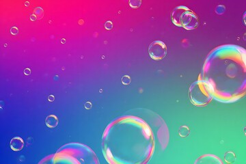 Floating iridescent soap bubbles with rainbow reflection on gradient background