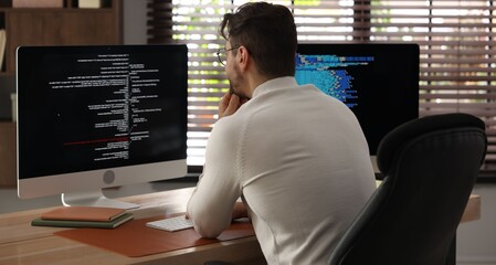 Programmer in glasses working on computer with dual monitors at table in office