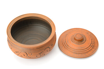 Decorative clay pot with lid isolated on white background