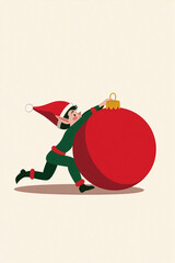 Christmas elf pushing a giant red ornament - concept of holiday effort, teamwork and New Year preparation.