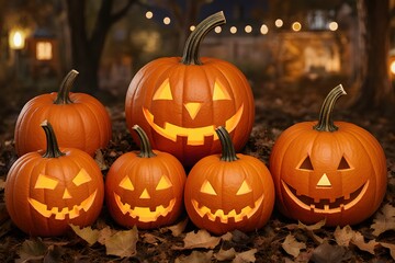 Fototapeta premium Collection of grinning jack-o'-lanterns glowing warmly on a dark night