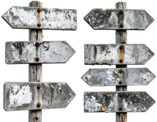 Weathered, rustic directional signs with empty arrow plaques, fixed to a wooden post