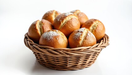 Freshly baked artisan bread rolls sit in a rustic woven basket. Golden brown crusts dusted with flour suggest homemade goodness. These soft baked goods are perfect for breakfast or any meal occasion.